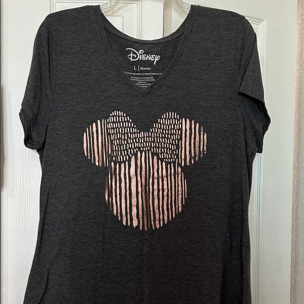 Disney Charcoal V-Neck Tee with Metallic Pink Minnie Silhouette